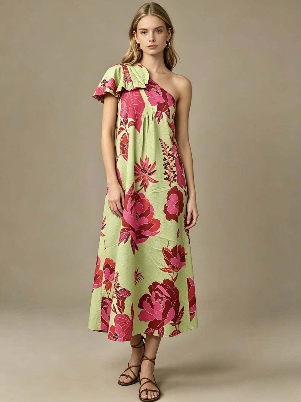 NWOT Farm Rio Fresh Garden One-Shoulder Linen Blend Midi Dress Size XS